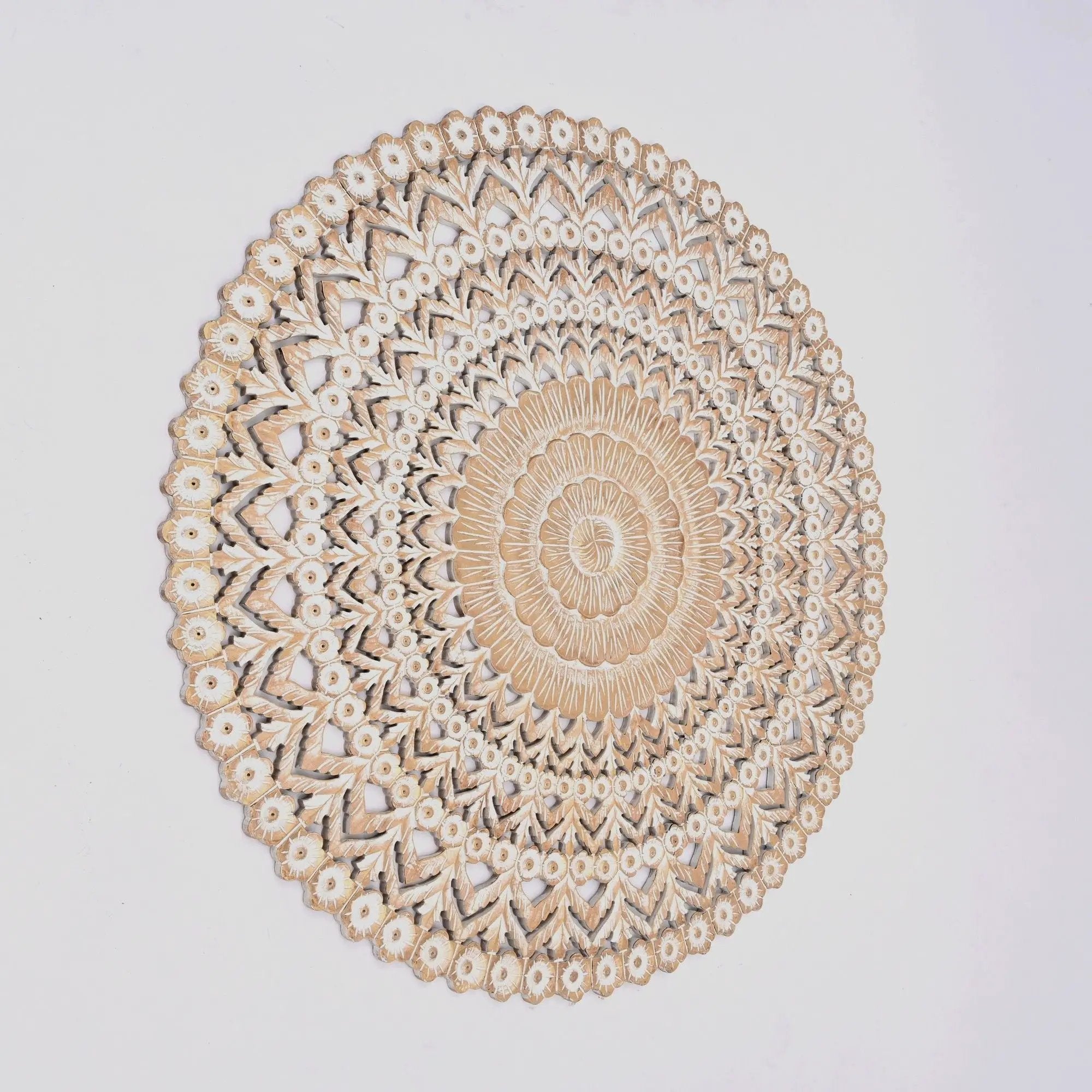 Floral Hand Carved Mandala Round Wall Decor - Brown / Antique White by Unique Piece Furniture
