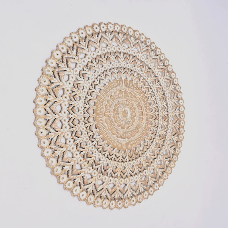 Floral Hand Carved Mandala Round Wall Decor - Brown / Antique White by Unique Piece Furniture