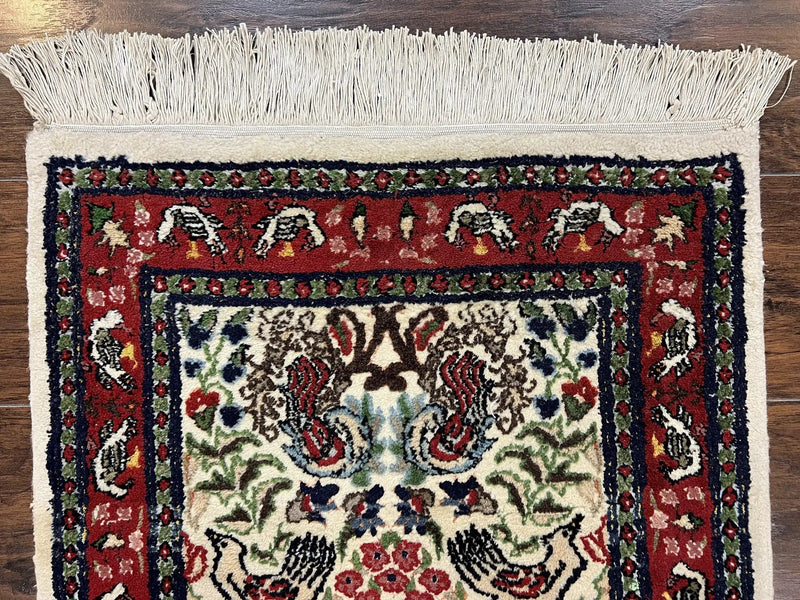 Small Indo Persian Rug 2x3 ft, Wool with Silk Highlights, Animal Pictorials, Birds by Jewel Rugs