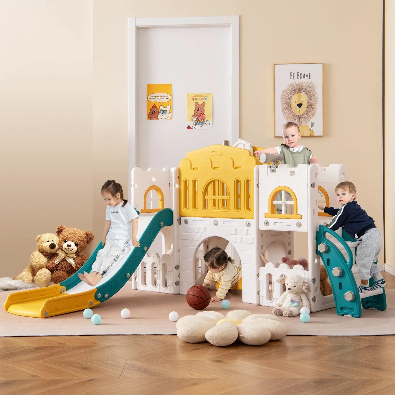 All-in-1 Toddler Slide Playset Playground with Tunnel and Ladder and Basketball by DirectDeals