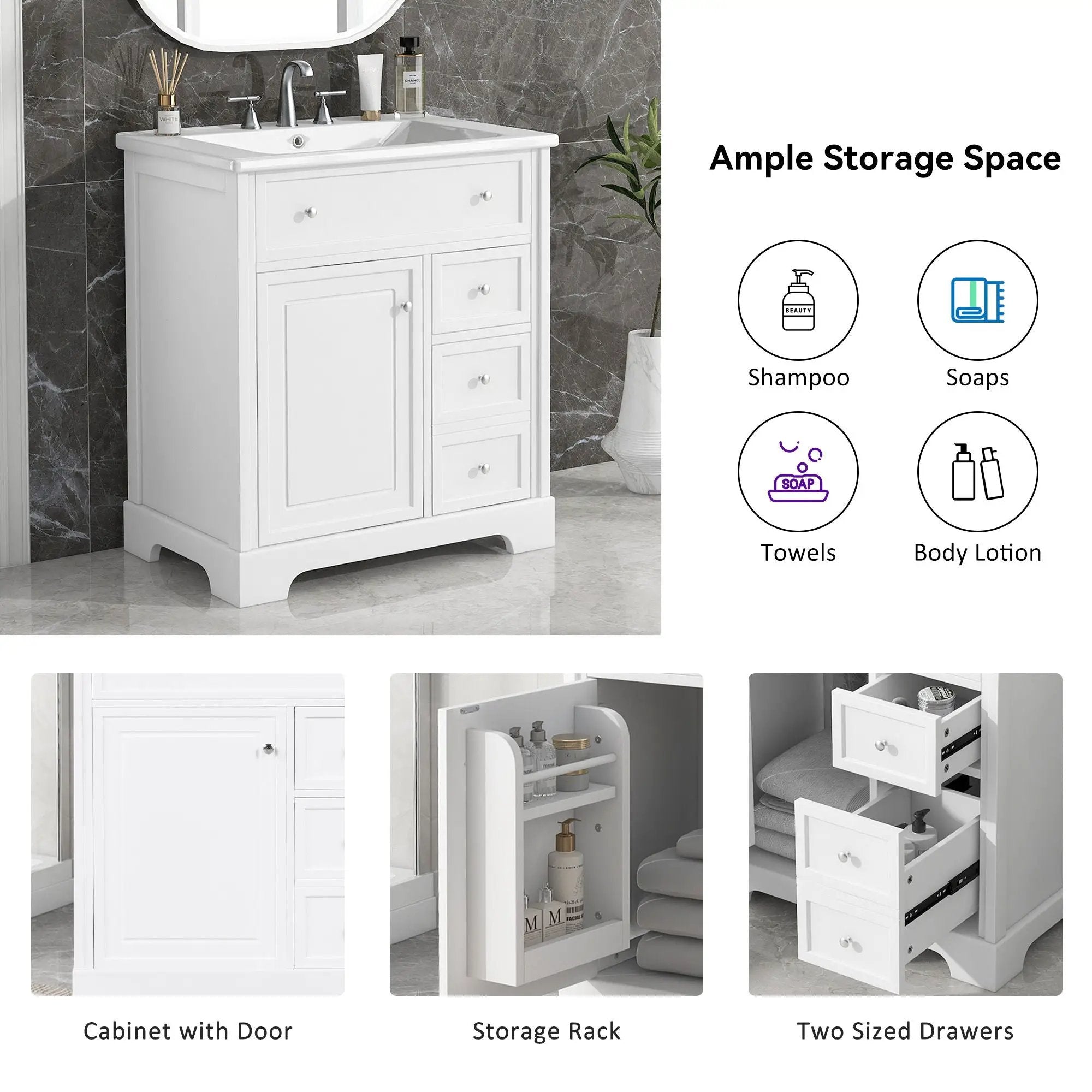 Bathroom Vanity With Sink Top, Cabinet With Door And 2 Drawers - White by Unique Piece Furniture
