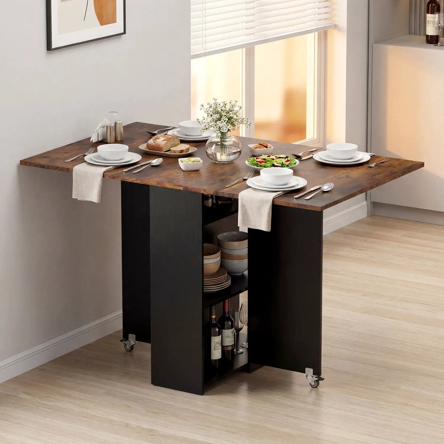 47.5 Inch Farmhouse Extendable Wooden Dinner Table with Lockable Wheels by DirectDeals