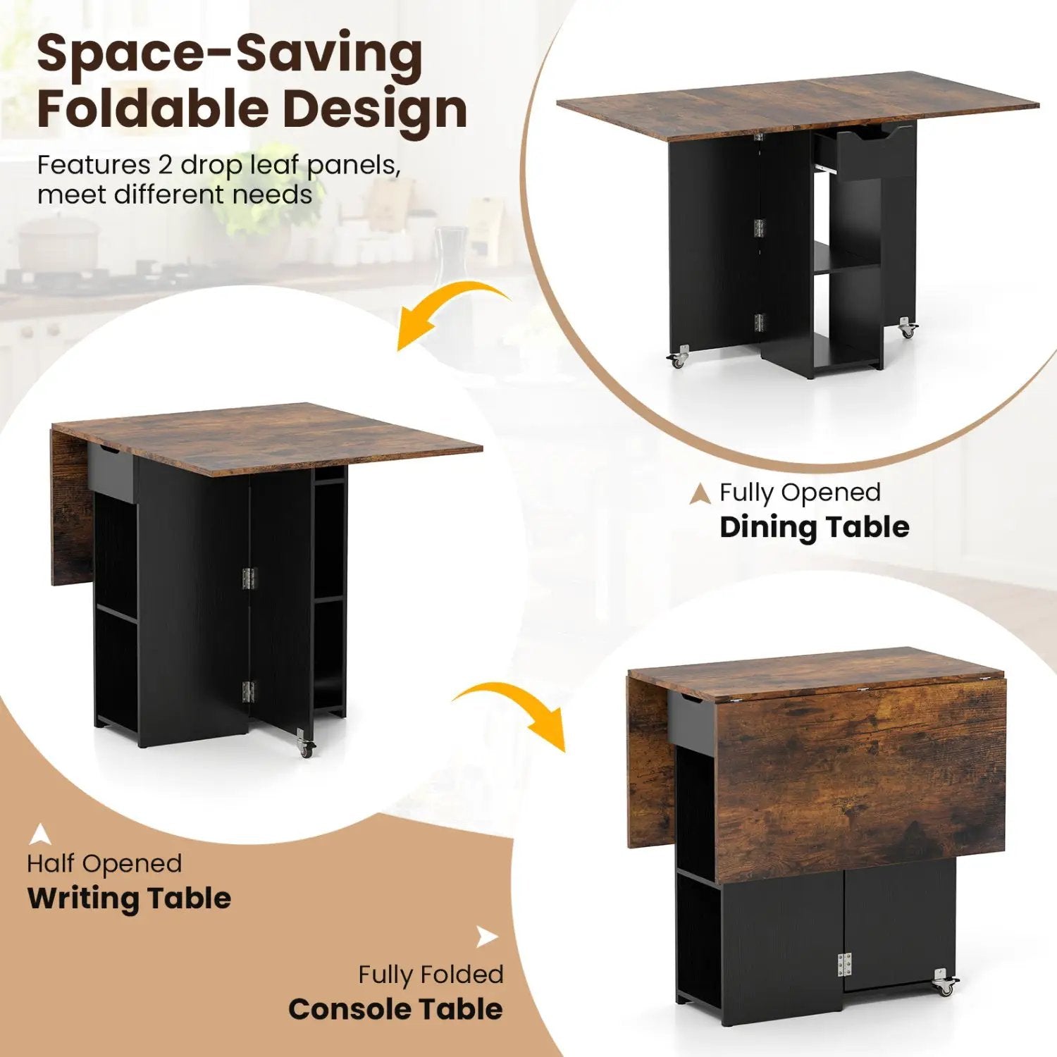 47.5 Inch Farmhouse Extendable Wooden Dinner Table with Lockable Wheels by DirectDeals
