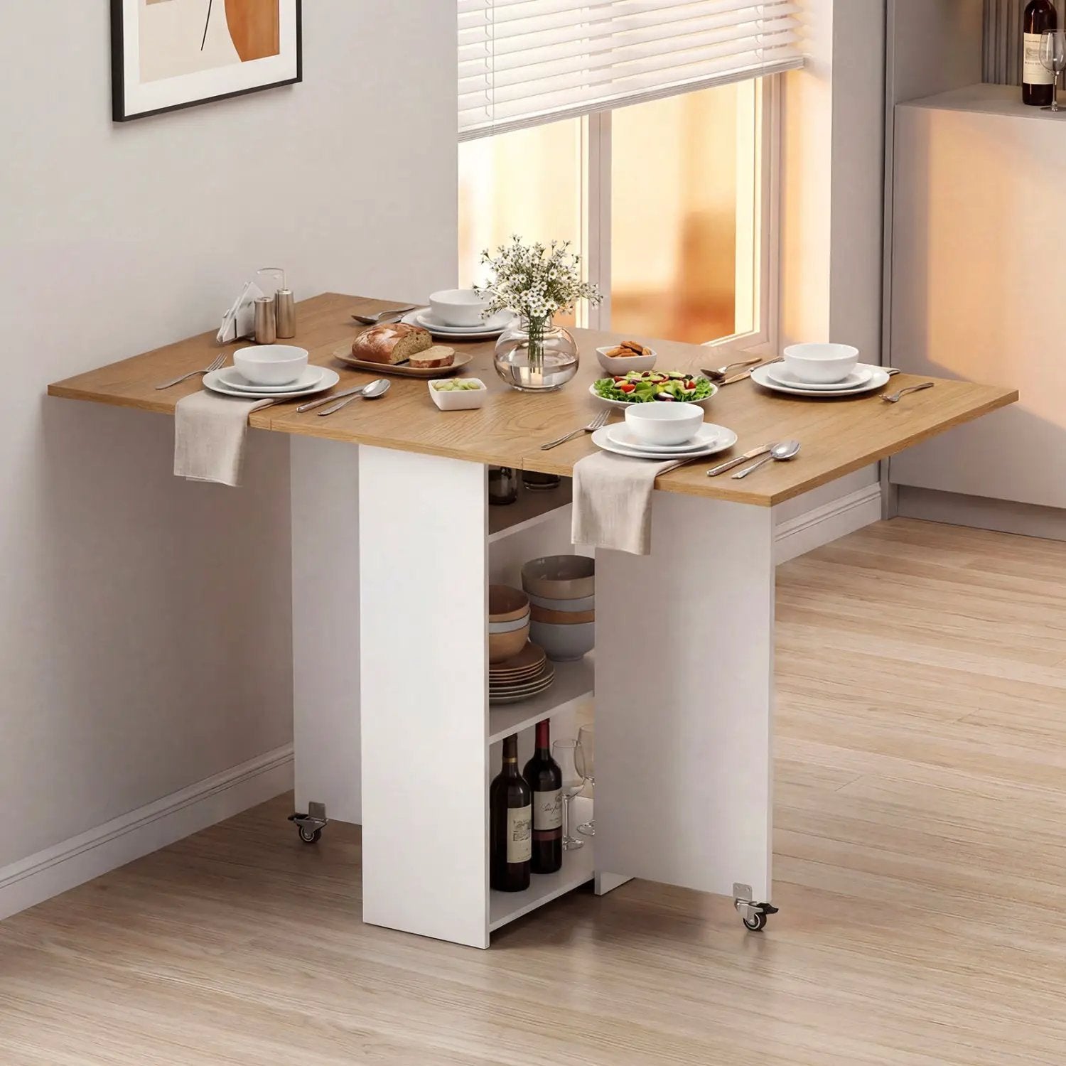 47.5 Inch Farmhouse Extendable Wooden Dinner Table with Lockable Wheels by DirectDeals