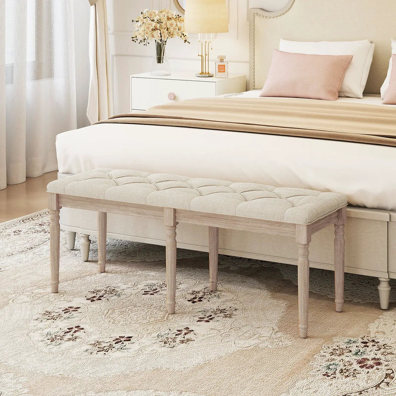 47.5 Inch Upholstered Bench with Carved Rubber Wood Legs and Padded Seat-Beige by DirectDeals