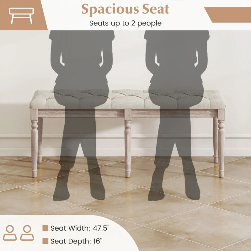 47.5 Inch Upholstered Bench with Carved Rubber Wood Legs and Padded Seat-Beige by DirectDeals