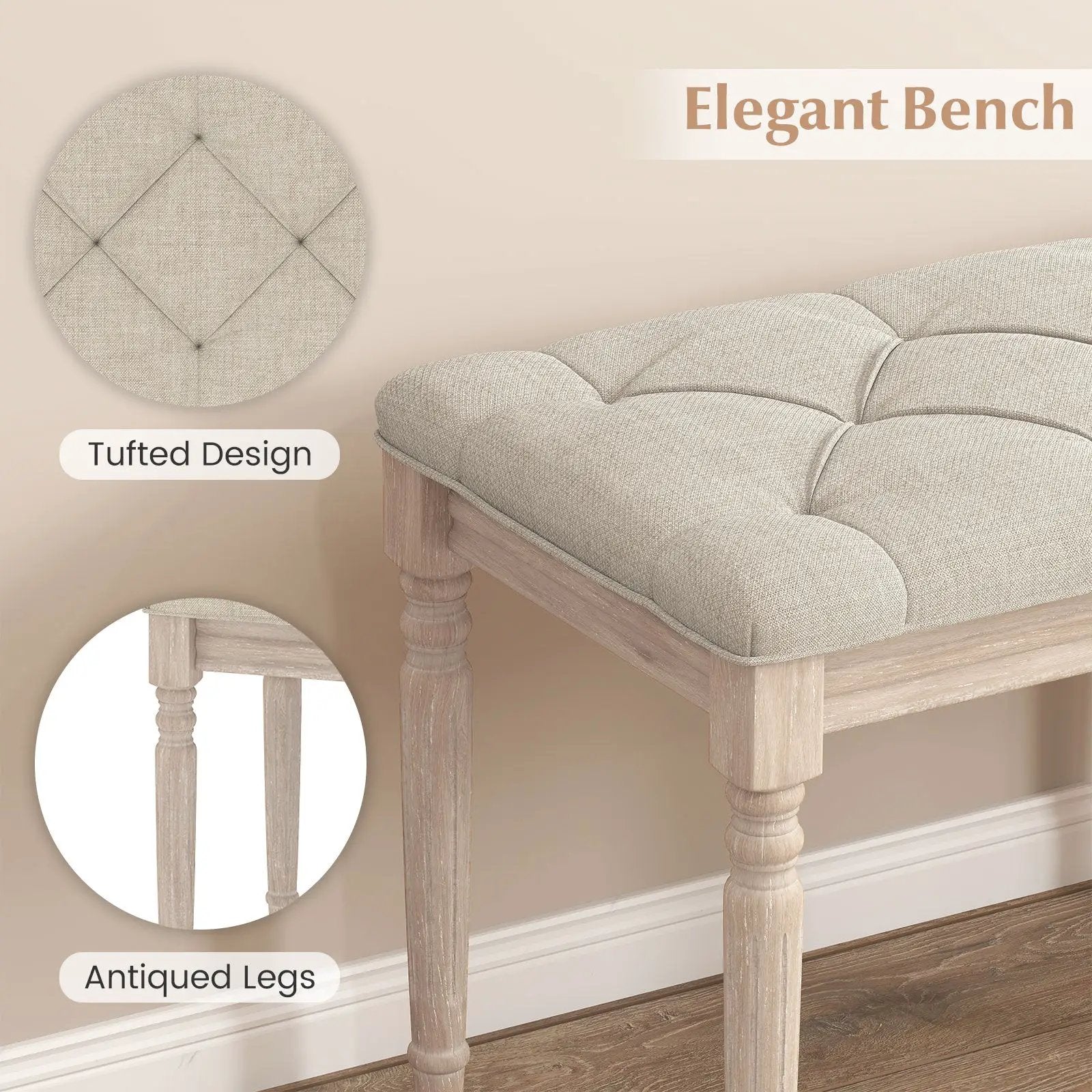 47.5 Inch Upholstered Bench with Carved Rubber Wood Legs and Padded Seat-Beige by DirectDeals