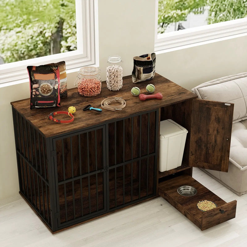 47.5 inch Dog Crate Furniture with Hidden Pull-out Bowls in Drawer for Small and Medium Dogs-Rustic Brown by DirectDeals