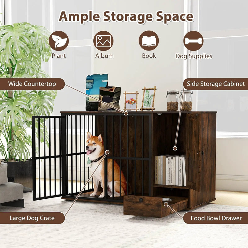 47.5 inch Dog Crate Furniture with Hidden Pull-out Bowls in Drawer for Small and Medium Dogs-Rustic Brown by DirectDeals
