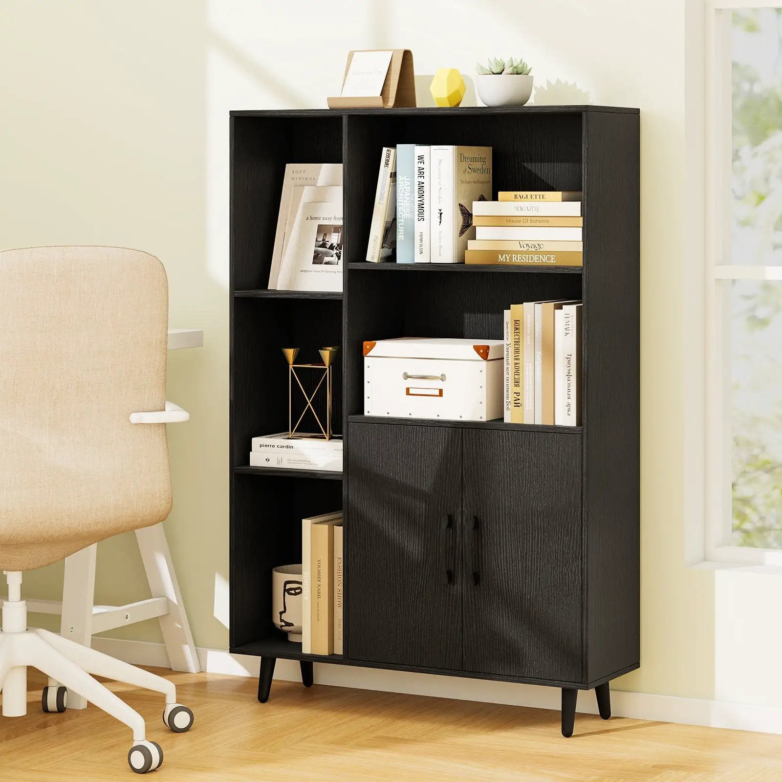 4 Inch Floor Bookshelf with 5 Open Compartments and Storage Cabinet-Black by DirectDeals