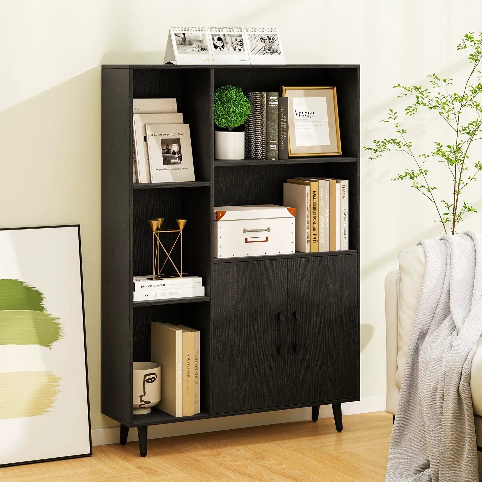 4 Inch Floor Bookshelf with 5 Open Compartments and Storage Cabinet-Black by DirectDeals