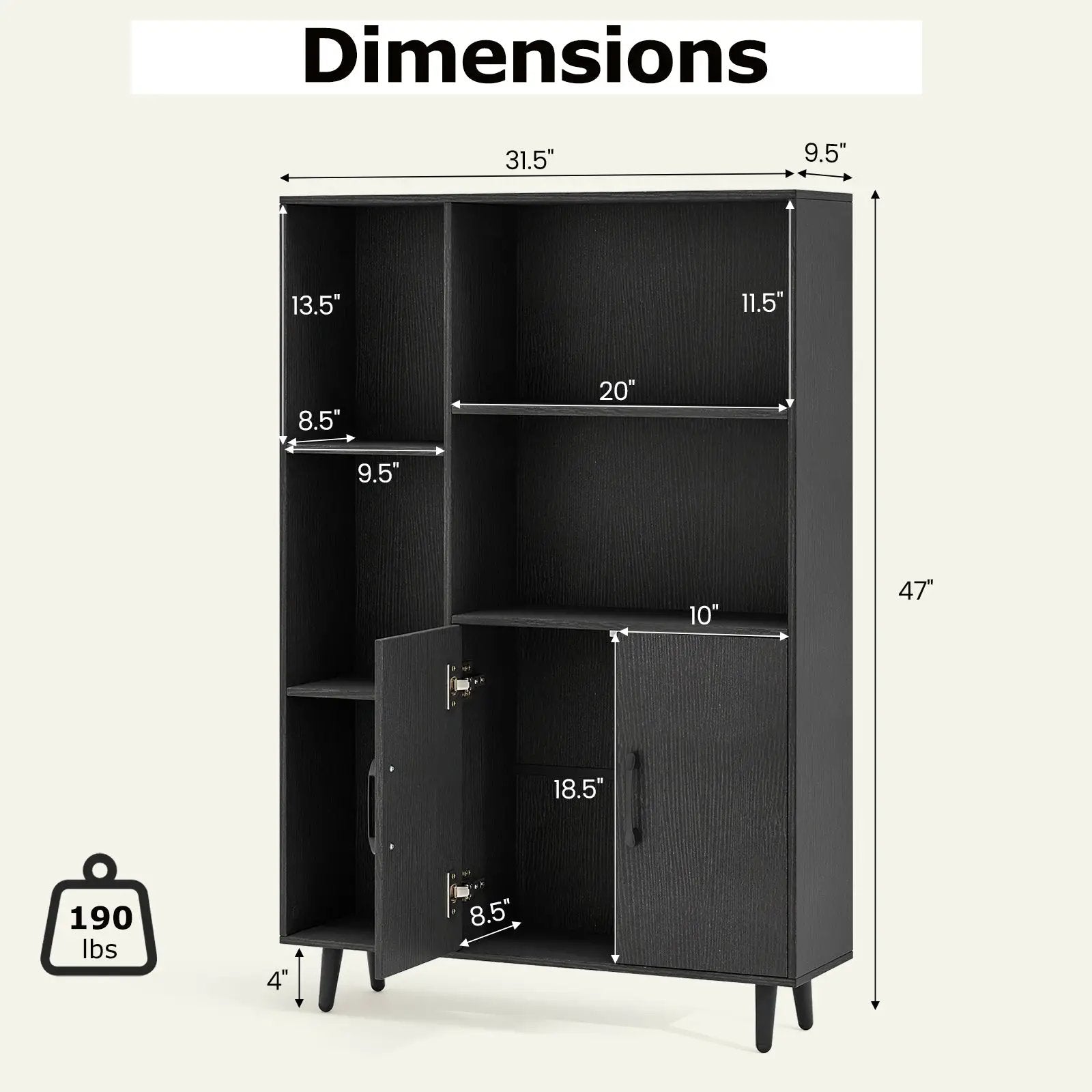 4 Inch Floor Bookshelf with 5 Open Compartments and Storage Cabinet-Black by DirectDeals