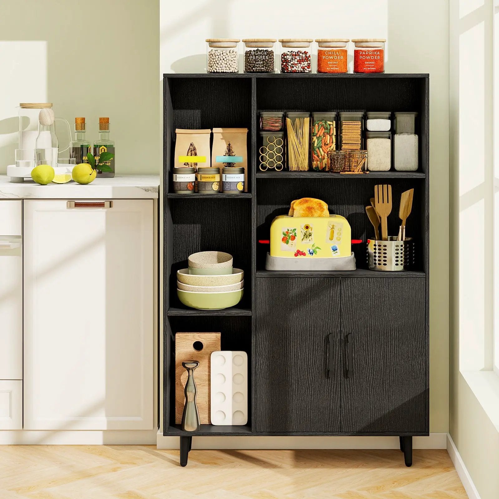 4 Inch Floor Bookshelf with 5 Open Compartments and Storage Cabinet-Black by DirectDeals