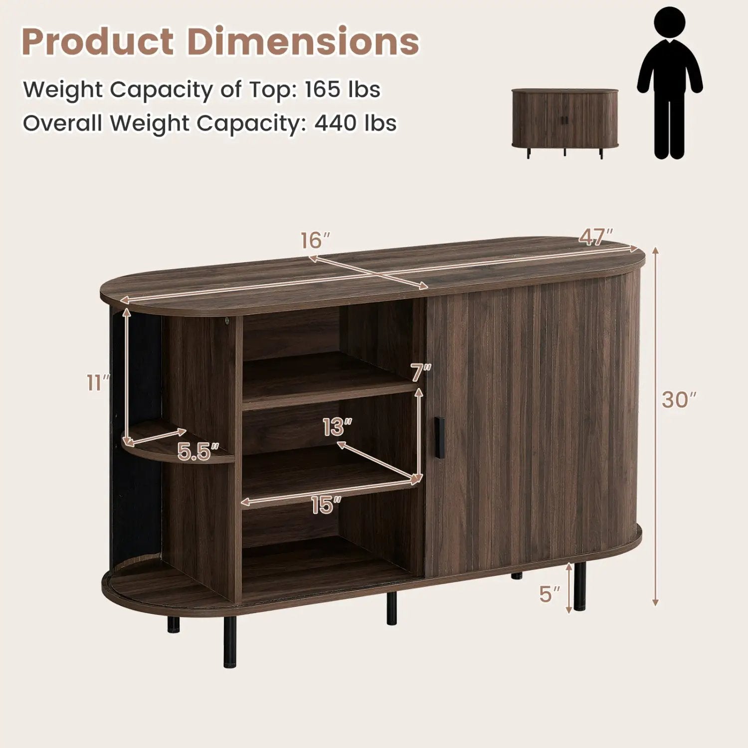 47 Inch Fluted Sideboard Buffet Cabinet with Tambour Sliding Doors and Metal Legs by DirectDeals