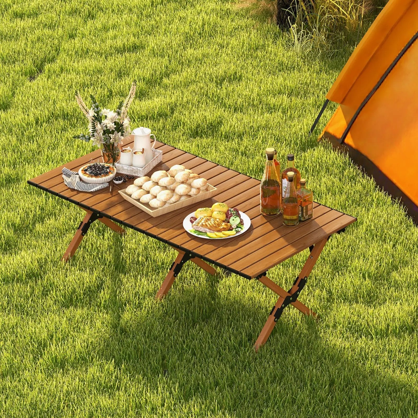 Folding Lightweight Aluminum Camping Table with Wood Grain-L by DirectDeals
