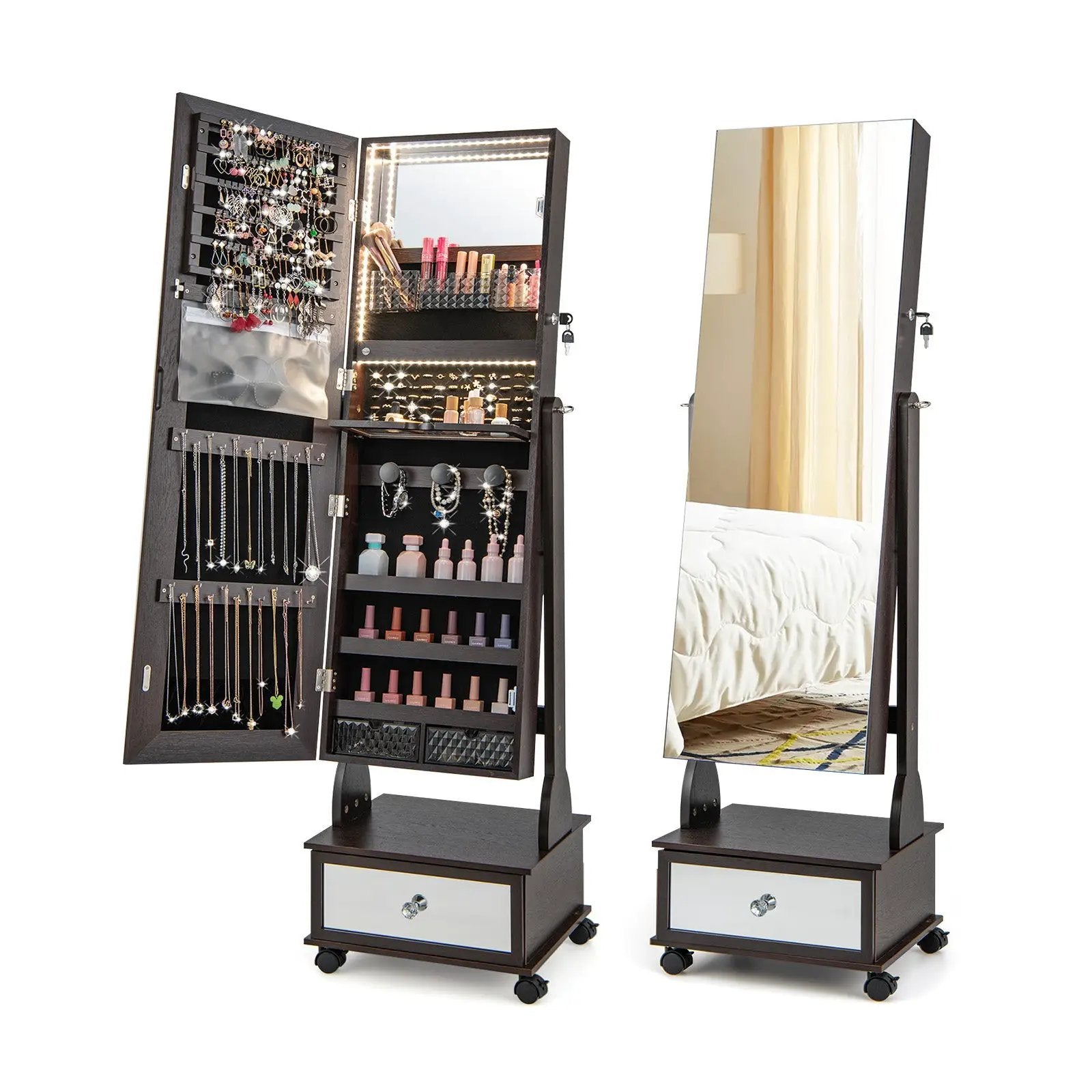 47 Inch Lockable Jewelry Cabinet Armoire with 3-Color LED Lights by DirectDeals
