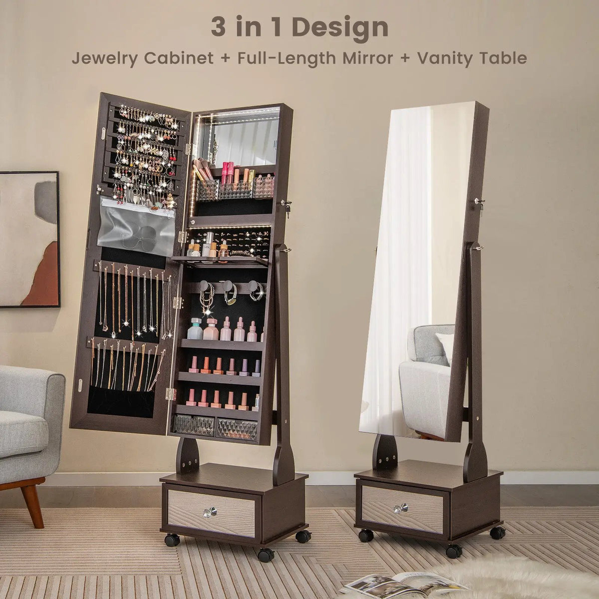 47 Inch Lockable Jewelry Cabinet Armoire with 3-Color LED Lights, photo 5 of 10