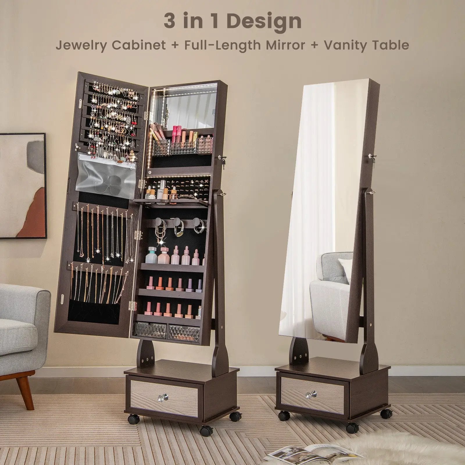 47 Inch Lockable Jewelry Cabinet Armoire with 3-Color LED Lights by DirectDeals