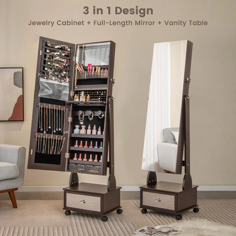 47 Inch Lockable Jewelry Cabinet Armoire with 3-Color LED Lights by DirectDeals