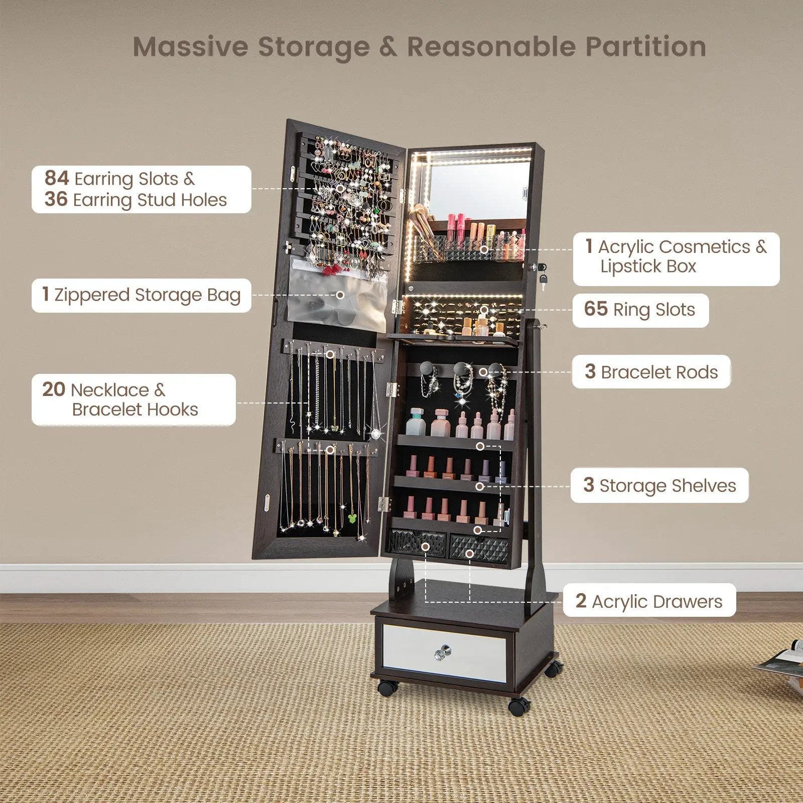 47 Inch Lockable Jewelry Cabinet Armoire with 3-Color LED Lights by DirectDeals