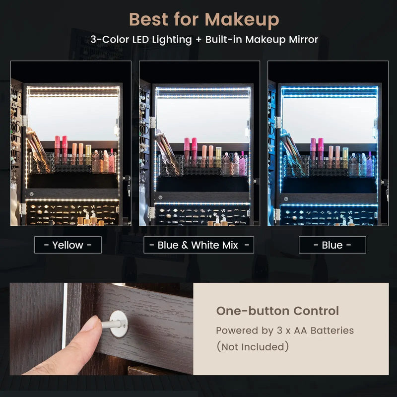 47 Inch Lockable Jewelry Cabinet Armoire with 3-Color LED Lights by DirectDeals
