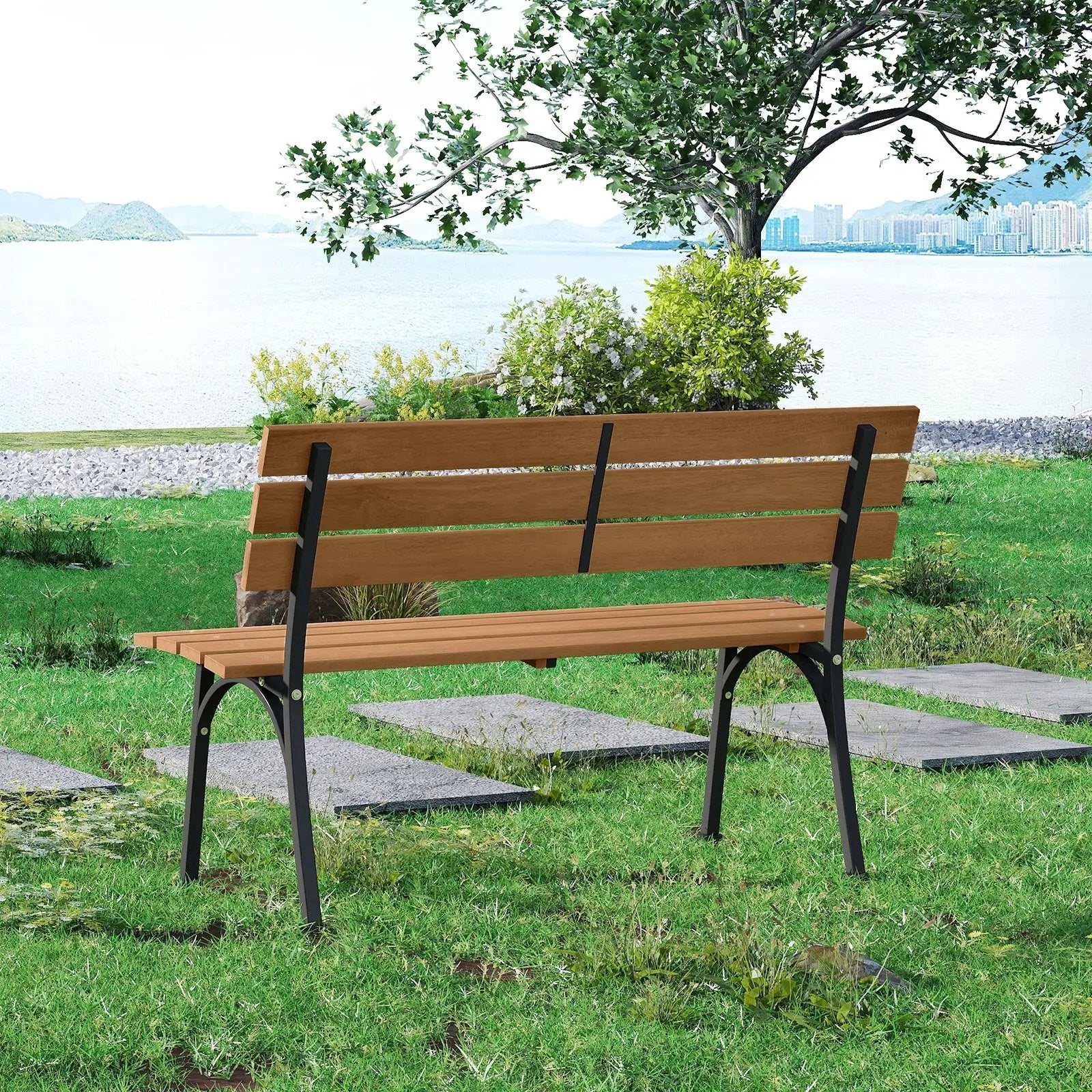 47 Inch Outdoor Acacia Wood Bench with Metal Frame and Slatted Seat by DirectDeals