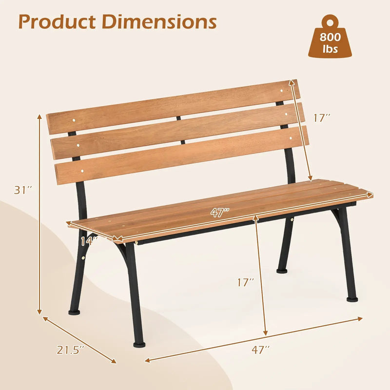 47 Inch Outdoor Acacia Wood Bench with Metal Frame and Slatted Seat by DirectDeals