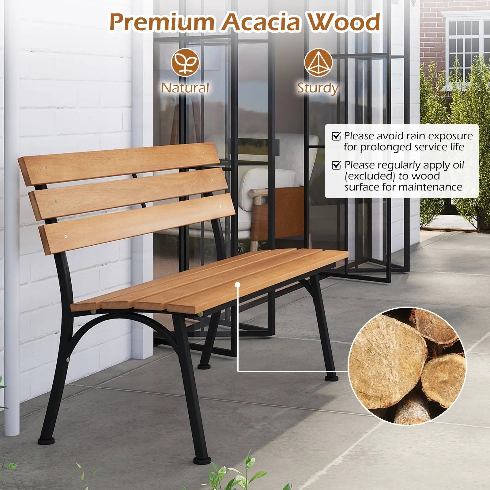 47 Inch Outdoor Acacia Wood Bench with Metal Frame and Slatted Seat by DirectDeals