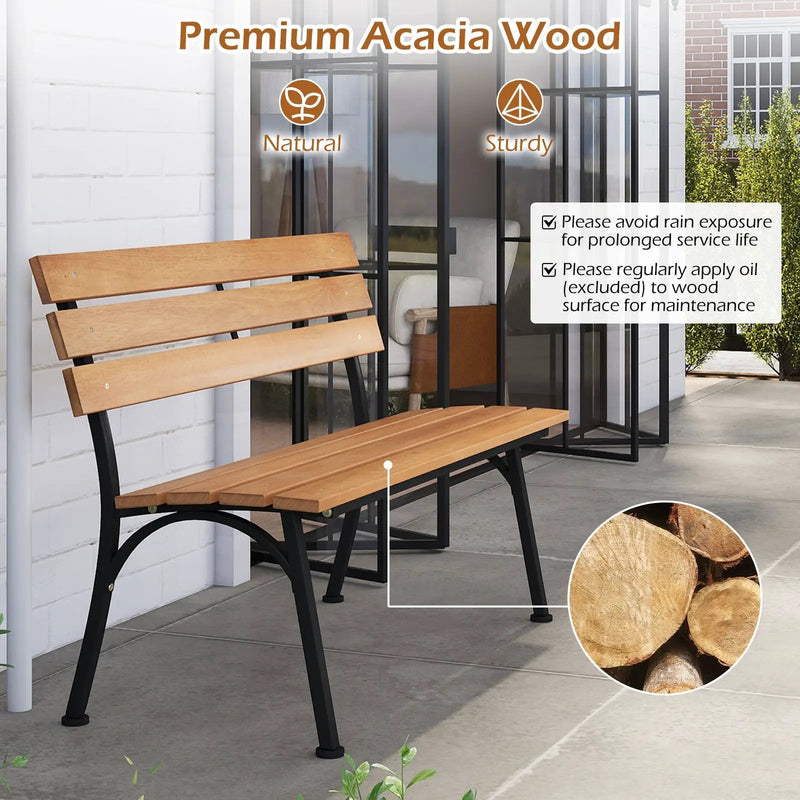 47 Inch Outdoor Acacia Wood Bench with Metal Frame and Slatted Seat by DirectDeals