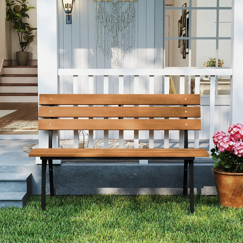 47 Inch Outdoor Acacia Wood Bench with Metal Frame and Slatted Seat by DirectDeals