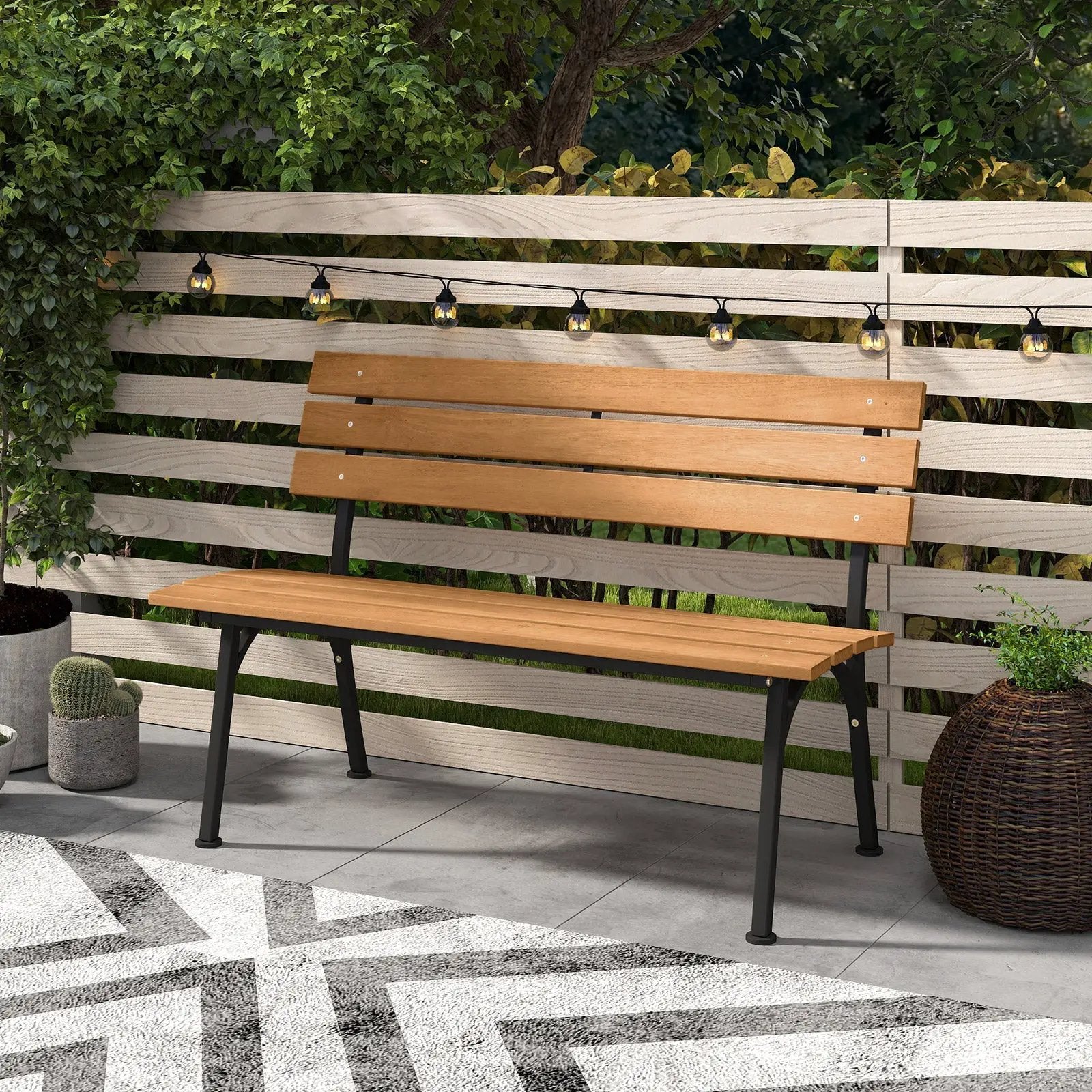 47 Inch Outdoor Acacia Wood Bench with Metal Frame and Slatted Seat by DirectDeals