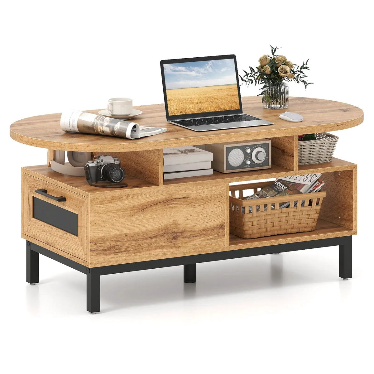 47 Inch Oval Coffee Table with Storage and Open Compartments for Living Room, photo 10 of 16