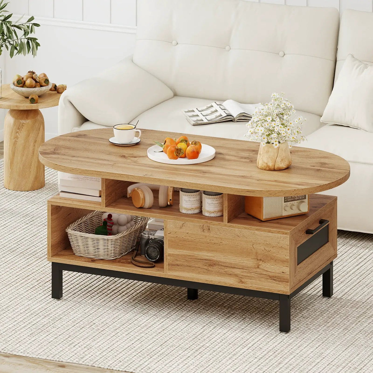47 Inch Oval Coffee Table with Storage and Open Compartments for Living Room, photo 14 of 16