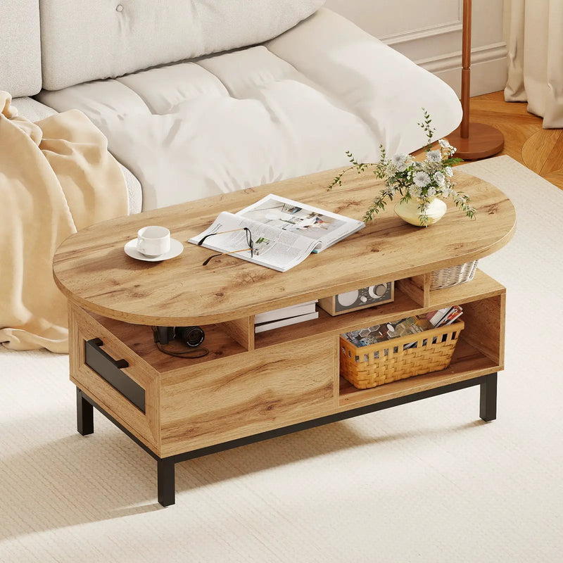 47 Inch Oval Coffee Table with Storage and Open Compartments for Living Room by DirectDeals