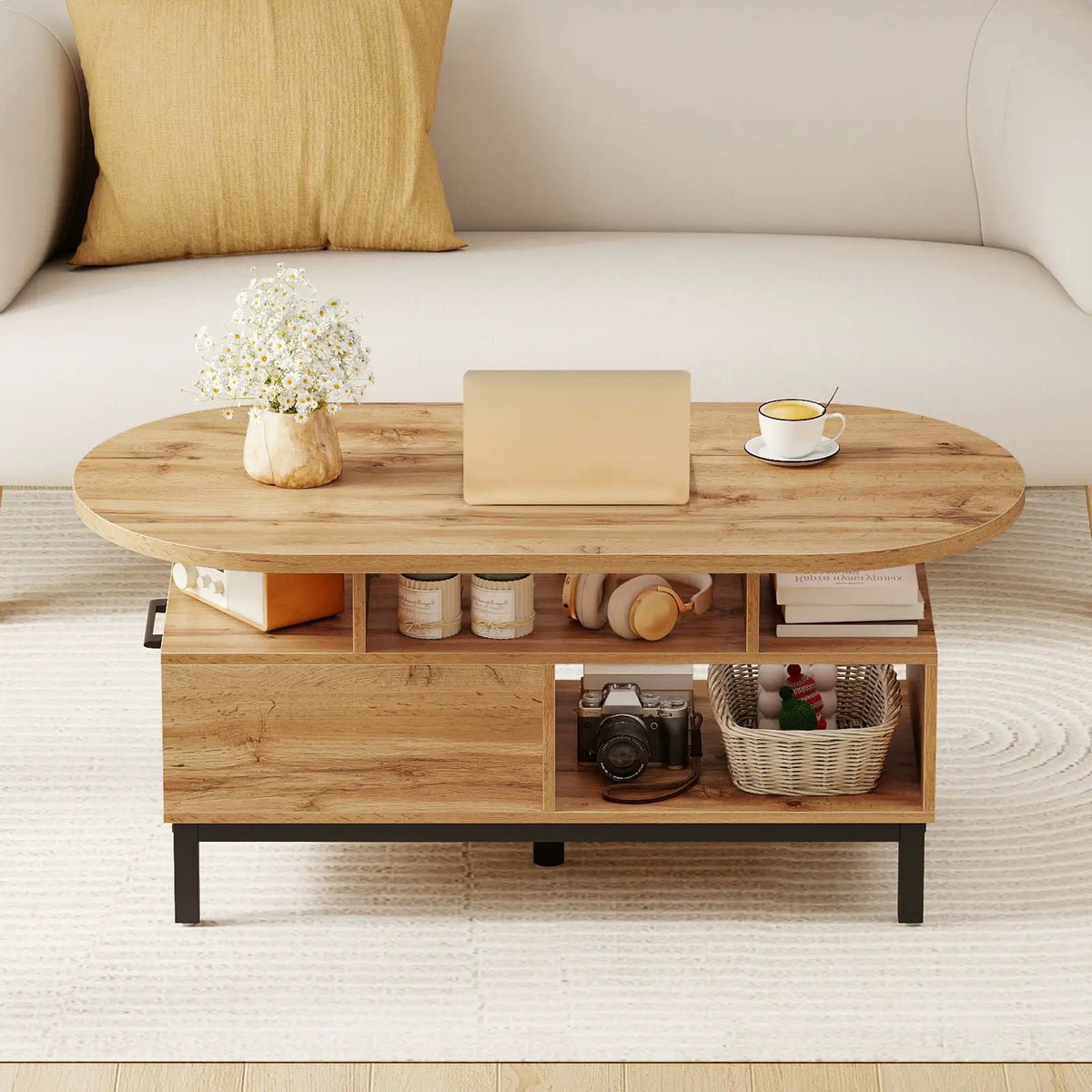 47 Inch Oval Coffee Table with Storage and Open Compartments for Living Room, photo 6 of 16