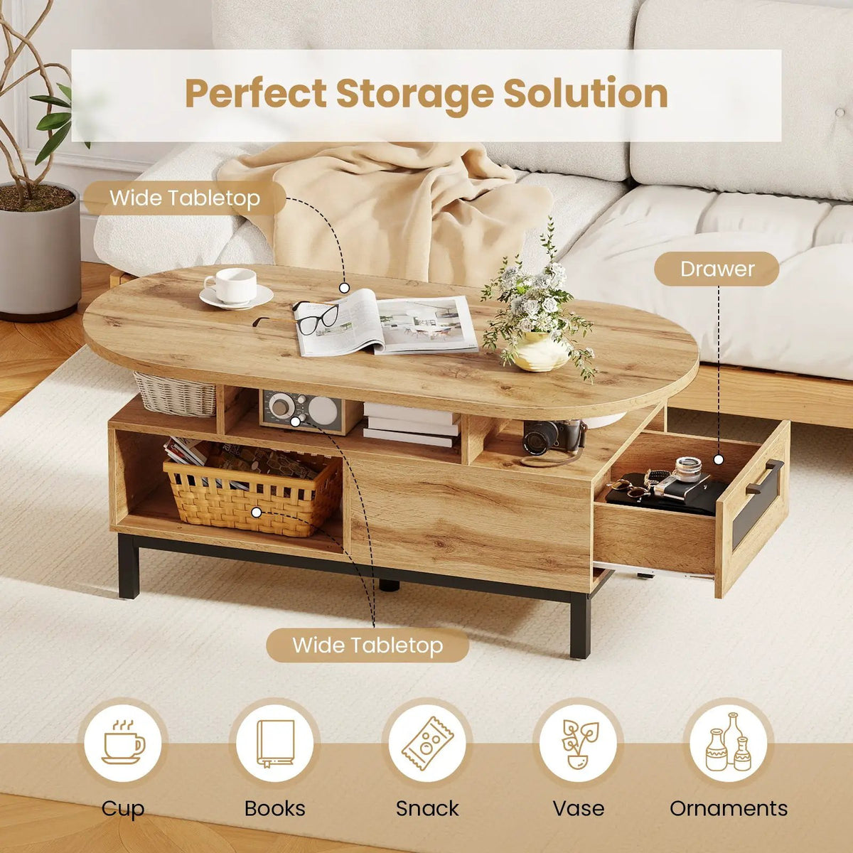 47 Inch Oval Coffee Table with Storage and Open Compartments for Living Room, photo 4 of 16