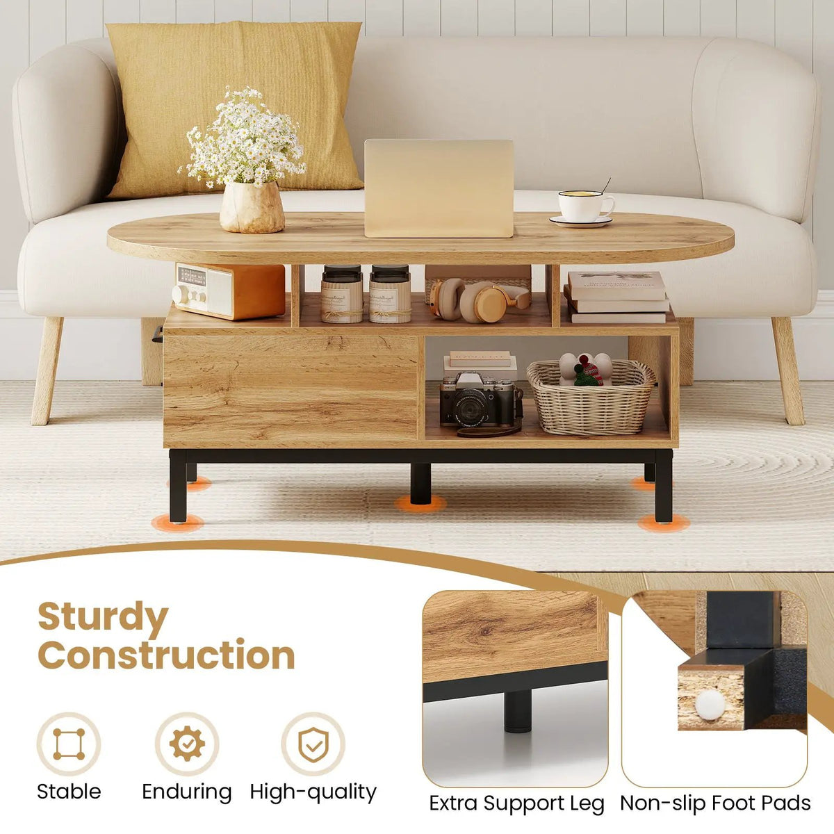 47 Inch Oval Coffee Table with Storage and Open Compartments for Living Room, photo 2 of 16