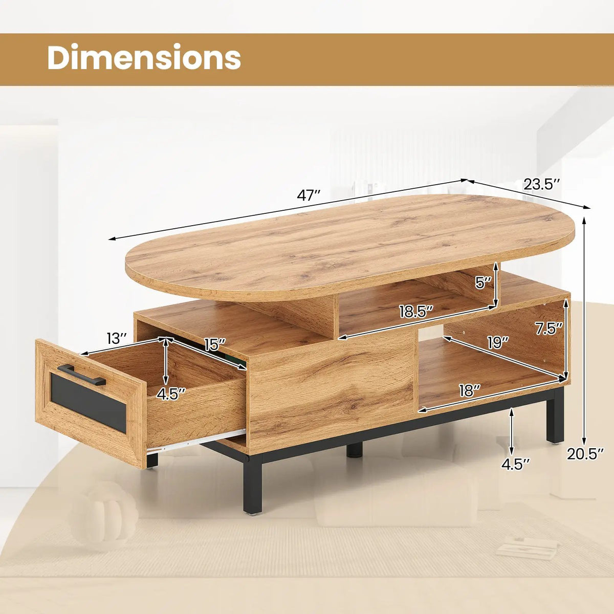 47 Inch Oval Coffee Table with Storage and Open Compartments for Living Room, photo 8 of 16