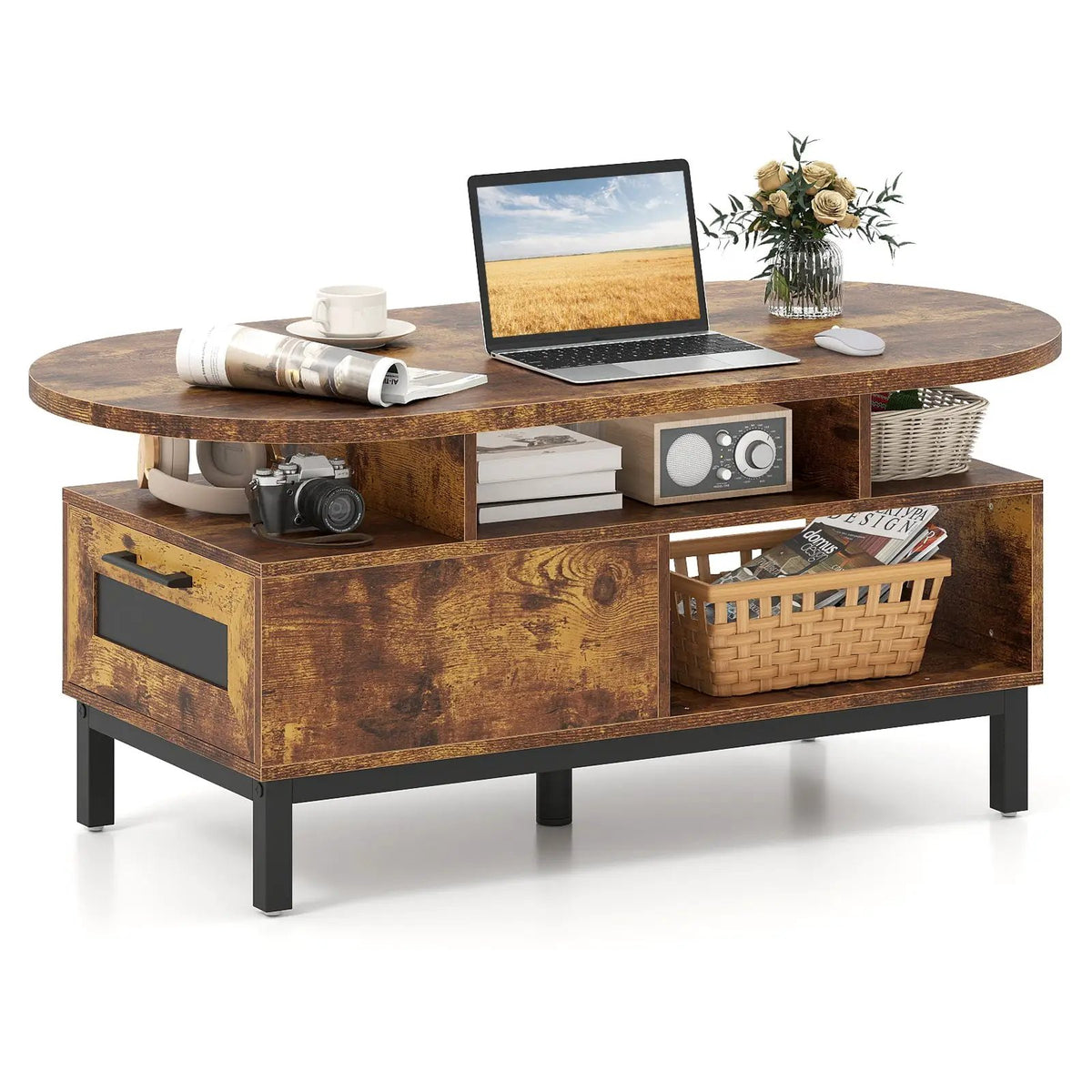 47 Inch Oval Coffee Table with Storage and Open Compartments for Living Room, photo 9 of 16