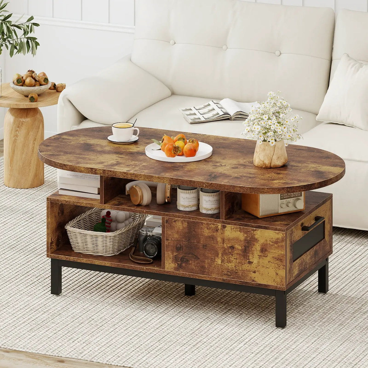 47 Inch Oval Coffee Table with Storage and Open Compartments for Living Room, photo 13 of 16