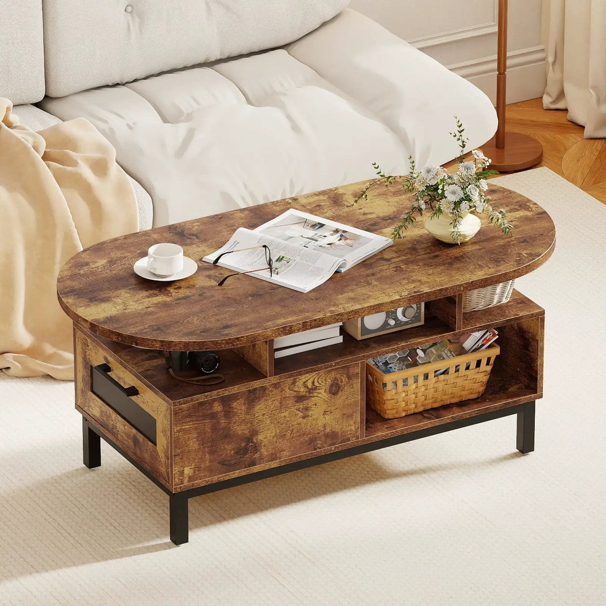 47 Inch Oval Coffee Table with Storage and Open Compartments for Living Room, photo 15 of 16