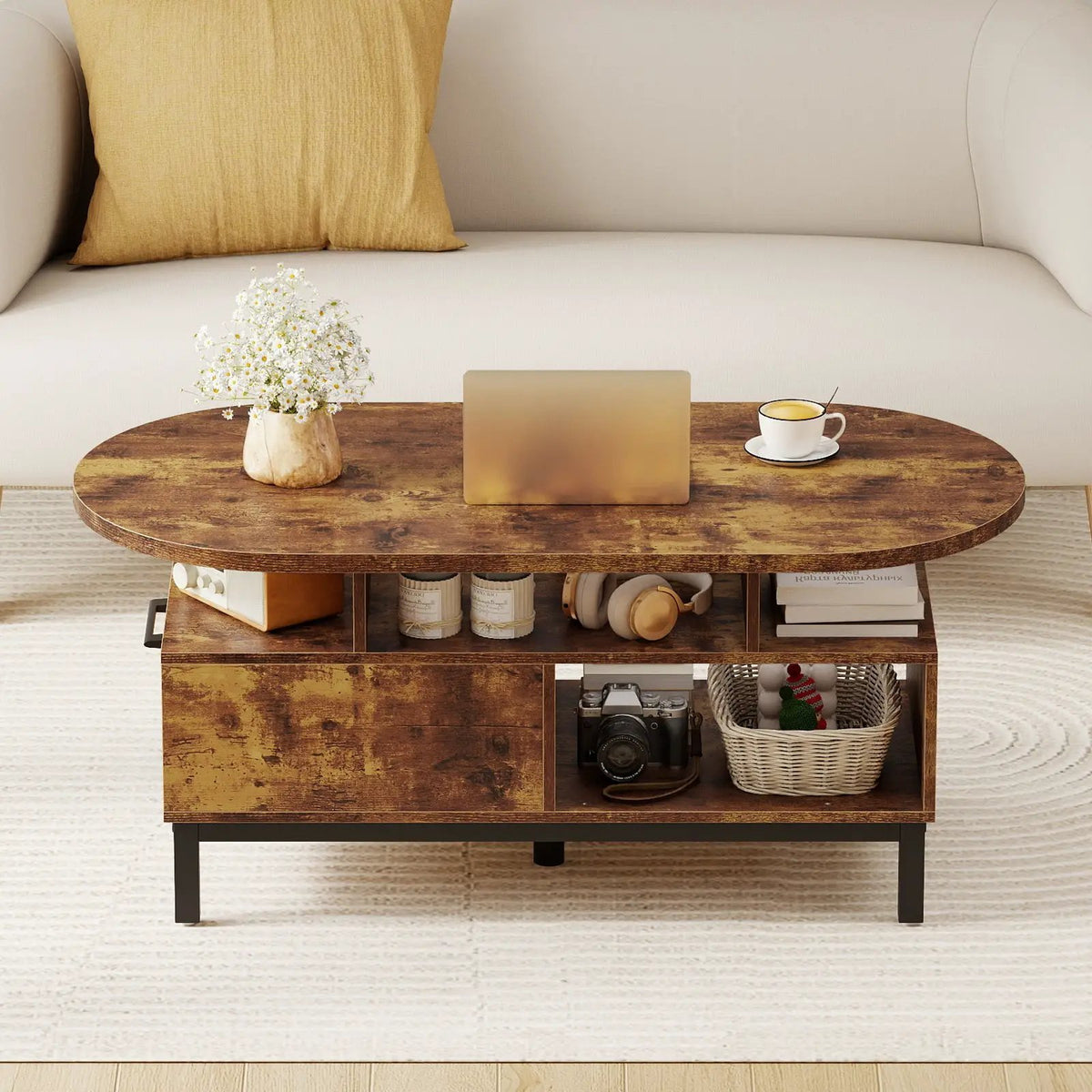 47 Inch Oval Coffee Table with Storage and Open Compartments for Living Room, photo 5 of 16