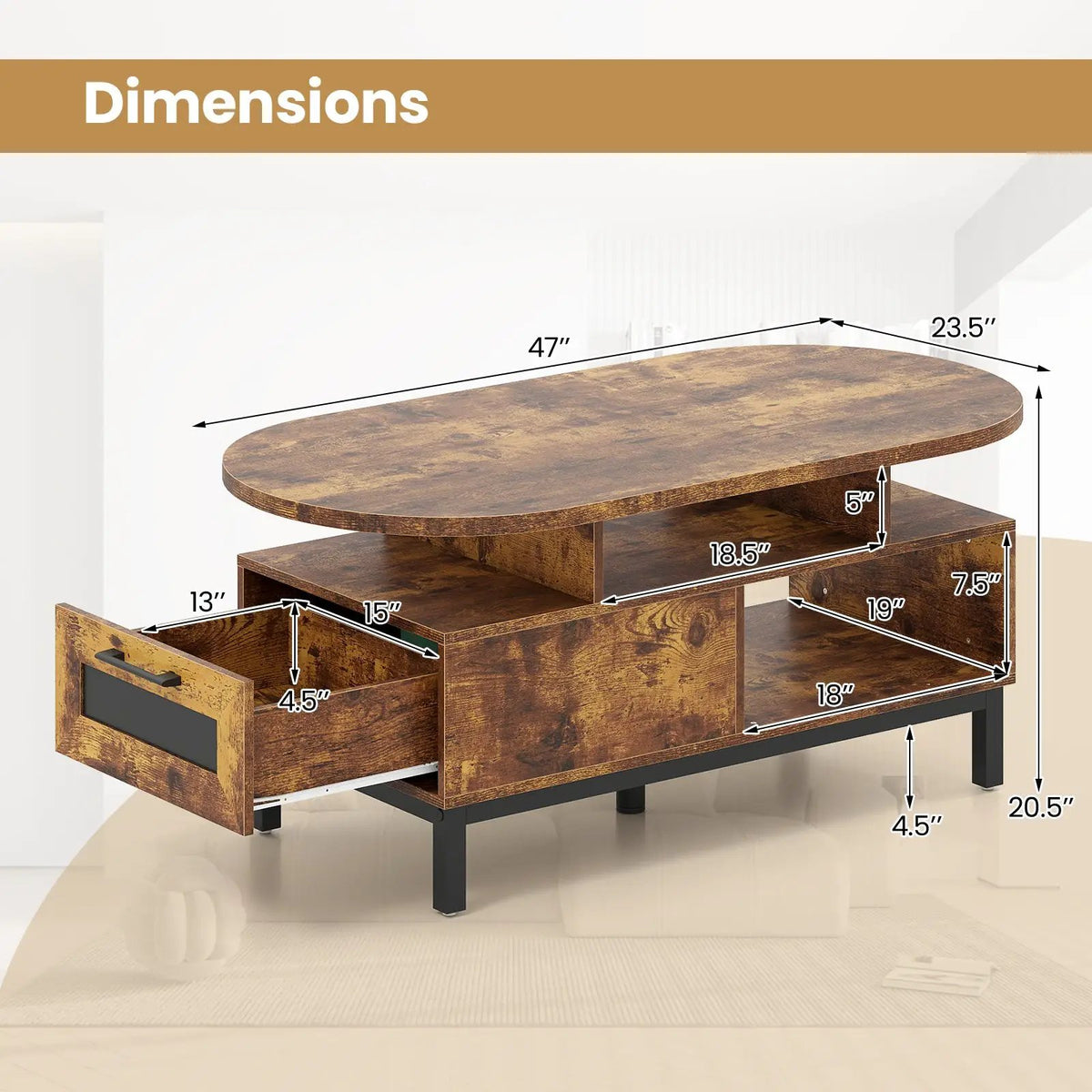 47 Inch Oval Coffee Table with Storage and Open Compartments for Living Room, photo 7 of 16