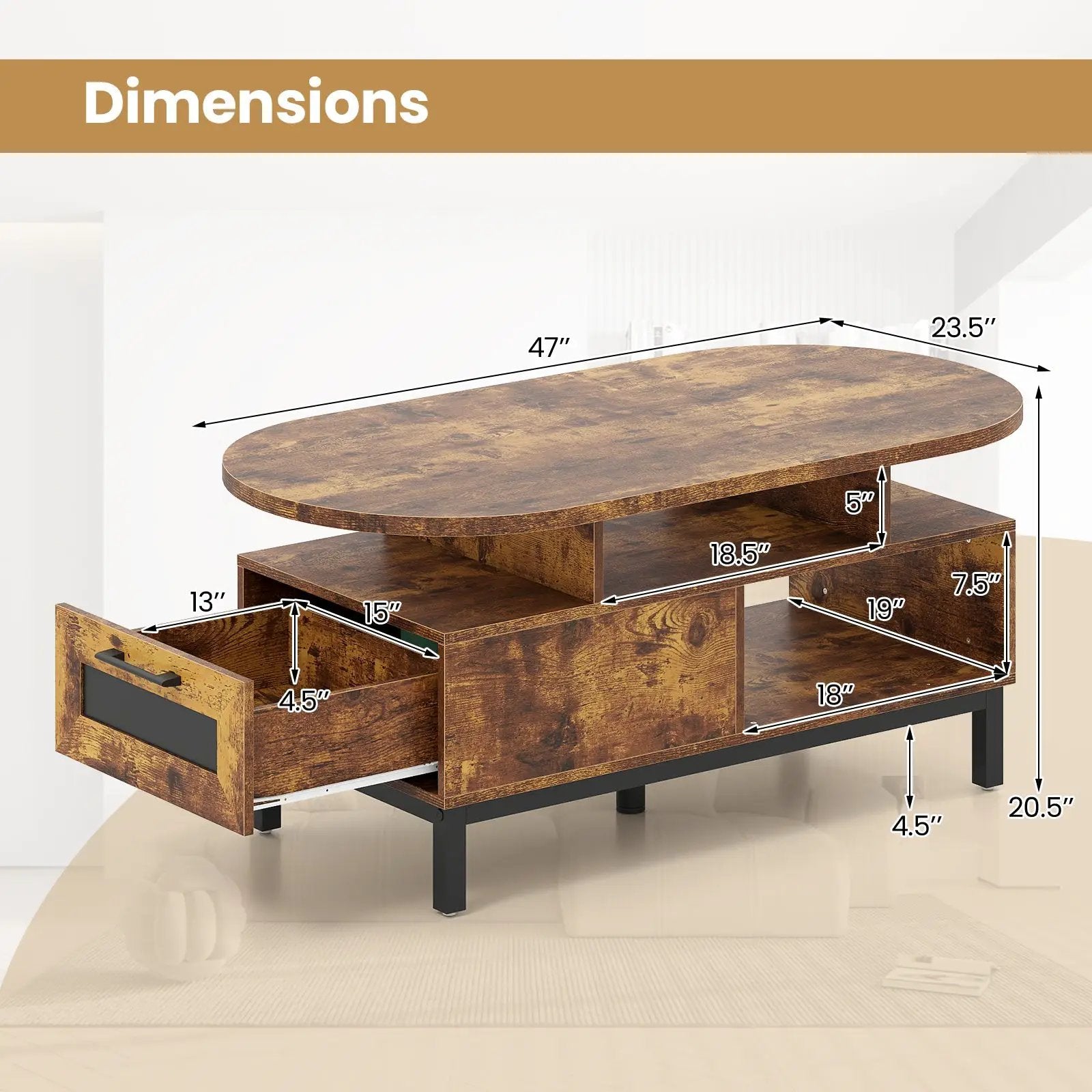 47 Inch Oval Coffee Table with Storage and Open Compartments for Living Room by DirectDeals
