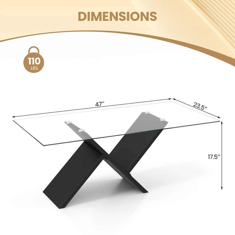 47 Inch Rectangle Glass Coffee Table Modern Center Table with Tempered Glass Tabletop-Black by DirectDeals