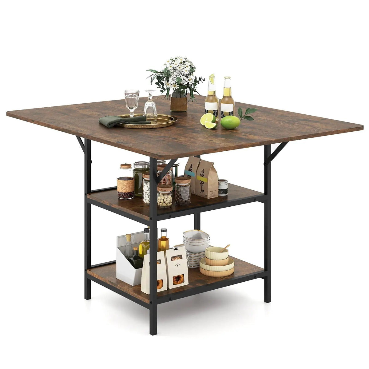 47 Inch Rectangular Dining Table with 2 Open Storage Shelves and Sturdy Metal Legs for 4-6 by DirectDeals
