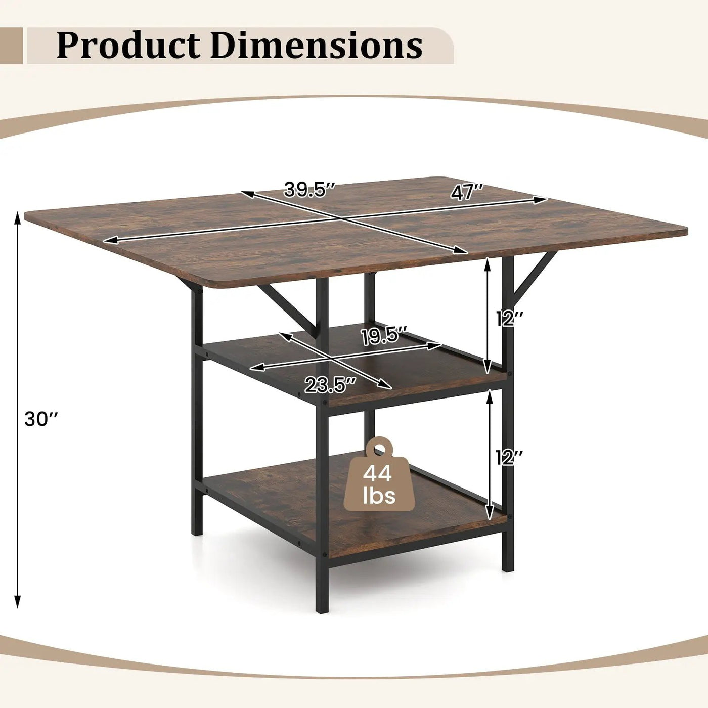 47 Inch Rectangular Dining Table with 2 Open Storage Shelves and Sturdy Metal Legs for 4-6 by DirectDeals