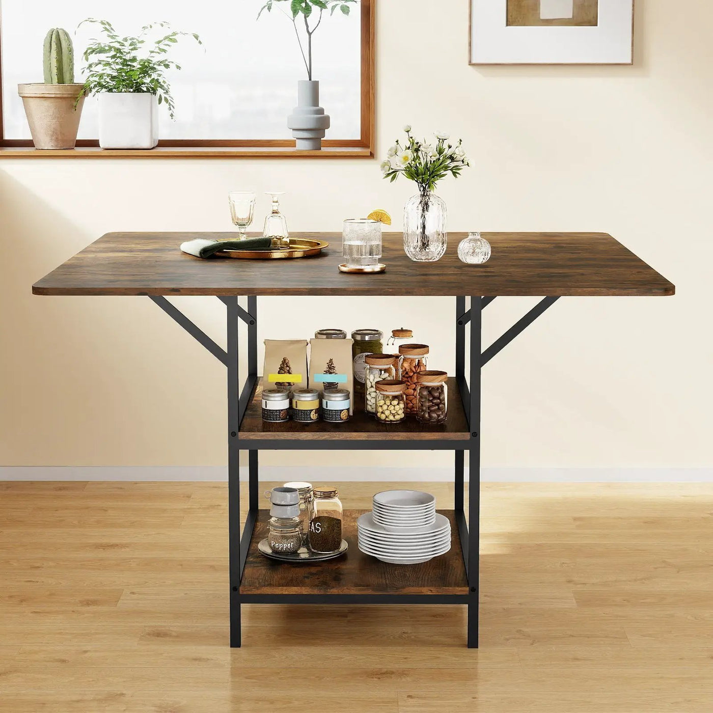 47 Inch Rectangular Dining Table with 2 Open Storage Shelves and Sturdy Metal Legs for 4-6 by DirectDeals