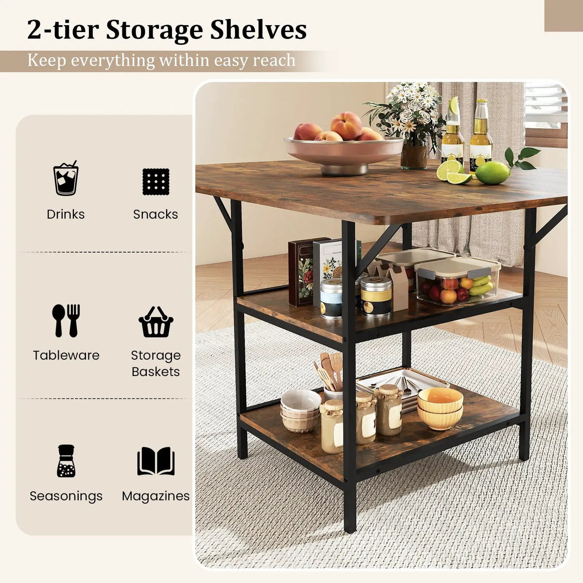 47 Inch Rectangular Dining Table with 2 Open Storage Shelves and Sturdy Metal Legs for 4-6 by DirectDeals