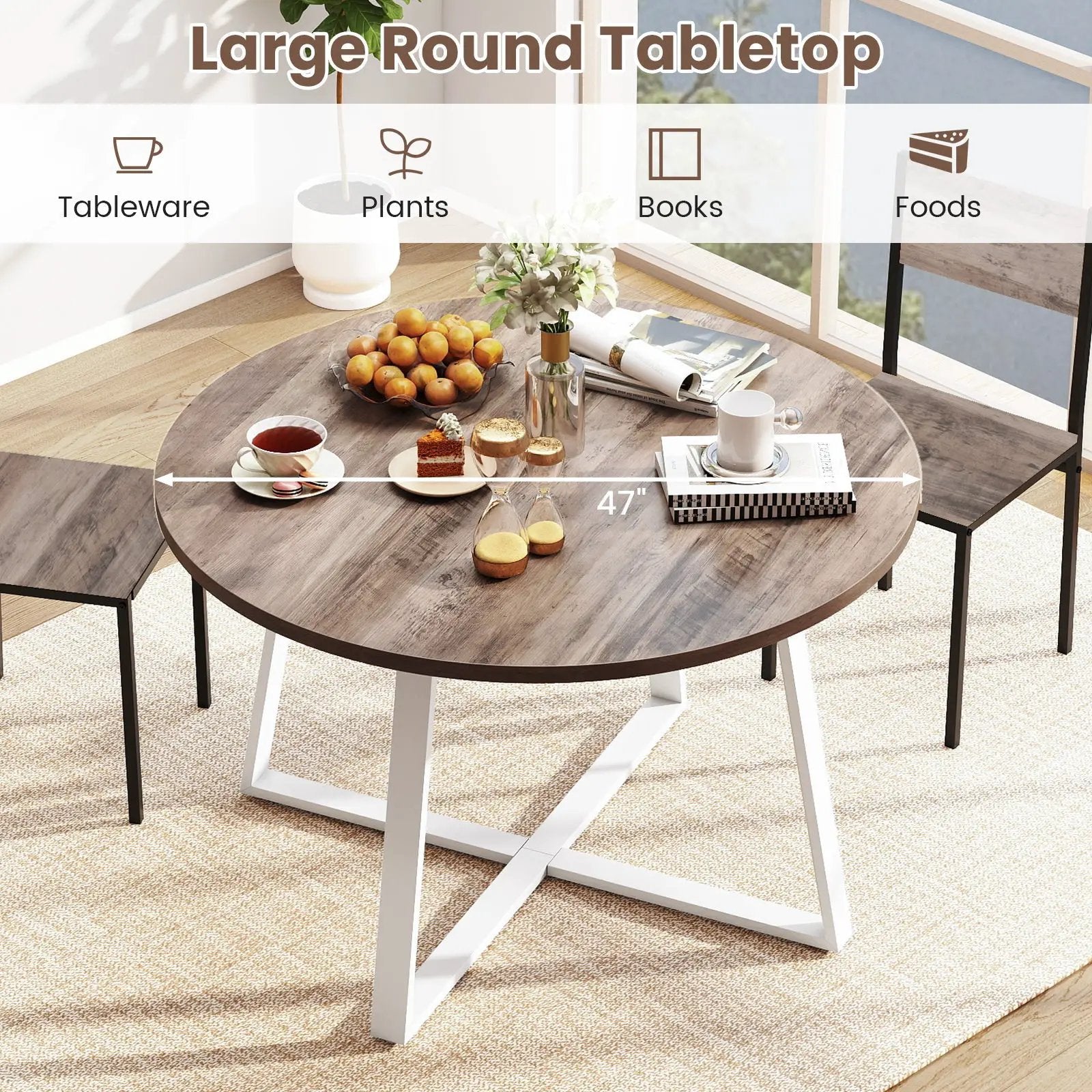 47 Inch Round Dining Table with Stable X-shaped Base and Round Thickened Tabletop by DirectDeals